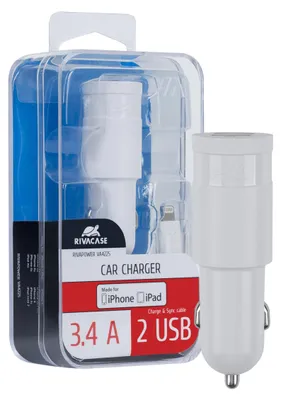 Autoladegerät 2 USB, 12–24 V, 5 V/3400 mA, 1,2 m, weiß