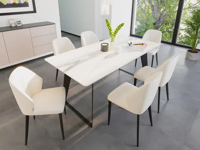 Produktbild von Esstisch Set FLORINT 180 weiße Keramikplatte mit 6 Stühlen Kunstleder beige : Weiss