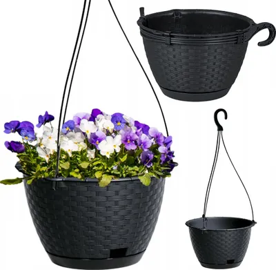 Zdjęcie produktu dla Doniczka wisząca Ø 23 cm rattan antracyt, okrągła z haczykiem 3L