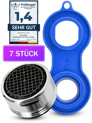 Produktbild von 7 Stk. Sehr Wassersparend Strahlregler M24 Wasserfluss 5 l/min mit Montageschlüssel - High Tech Anti Kalk Wasserhahn Strahlregler mit Kugelförmige Filter - Aufsatz Strahlregler für Wasserhähne