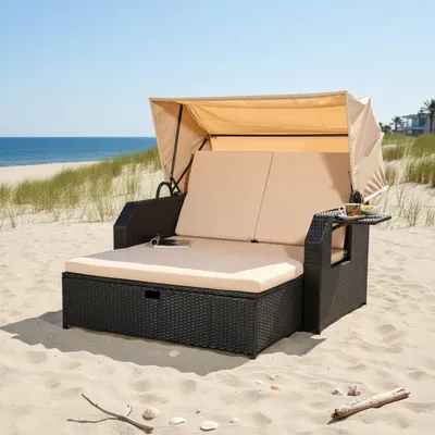 Produktbild von Mucola Strandkorb Rattan Sonnenbett mit verstellbarem Dach Polyrattan Sonnenliege Liegebett Relaxliege Gartenliege Gartenmöbel - Schwarz