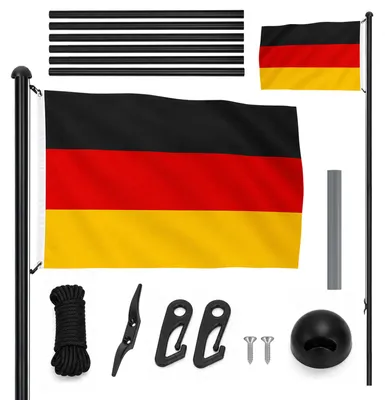 Produktbild von Ikodm Fahnenmast Komplettset Schwarz, Aluminium 6-teilig, Deutschlandfahne, Seil, Haken und Bodenhülse