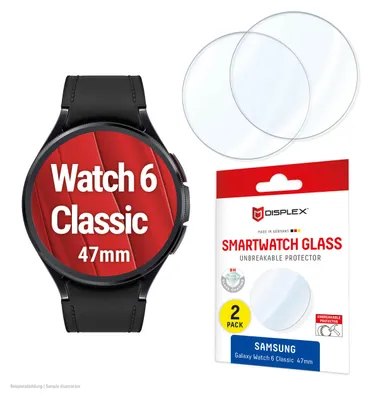 Produktbild von Displex 9H Schutzfolie Galaxy Watch 6 Classic (47mm), 2 Stück, ultradünn, randlos,  Germany, Displayschutz, Smartwatch, Transparent, Samsung, Galaxy Watch 6 Classic (47mm), Gehärtetes Glas