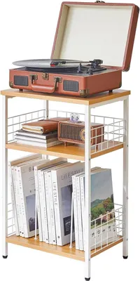 Produktbild von YMYNY Beistelltisch 3 Ebenen Standregal Plattenspieler CDs Magazin Natürliche Farbe