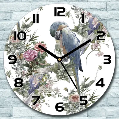 Produktbild von Wanduhr aus Glas Rund fi 30 Papageien Blüten Quarz Deko Schlafzimmer Büro