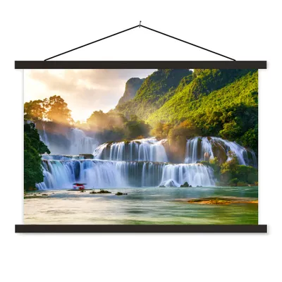 Produktbild von MuchoWow® Textilposter Wasserfall - Pflanzen - Sonne - Wasser - Natur 150x100 cm mit schwarzem Rahmen - Schlafzimmer