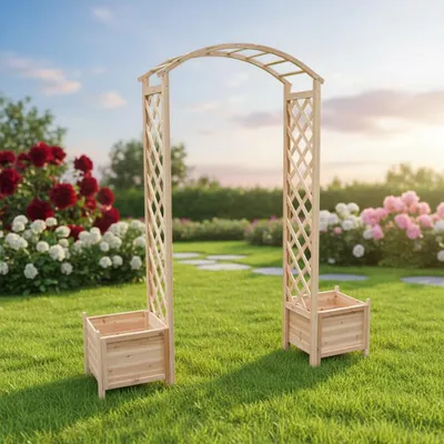 Produktbild von Rosenbogen Natur mit Blumenkübeln Spalier Rankhilfe Gitter Holz Pergola Gestell