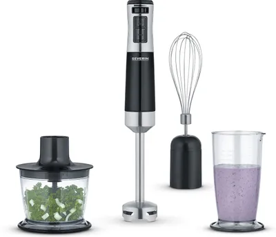 Produktbild von Stabmixer Edelstahl Rührstab SEVERIN SM 3772 Zubehör-Set abnehmbar Turbostufe SM 3772 aus Kunststoff, gebürstetschwarzsilber Stabmixer Rührstab Mixbecher Zerkleinerer