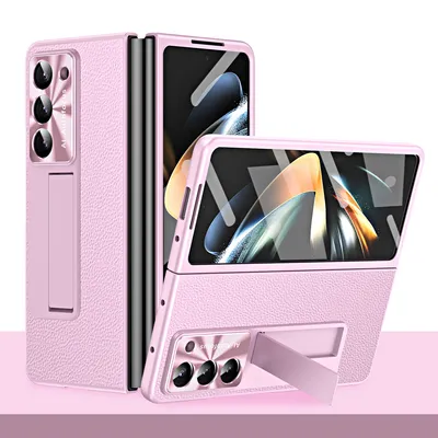 Obrázek produktu pro Pouzdro pro Samsung Galaxy Z Fold 5 Tvrdé PC pouzdro s litchi texturou, stojánkem, ochranou displeje a čočky Růžový
