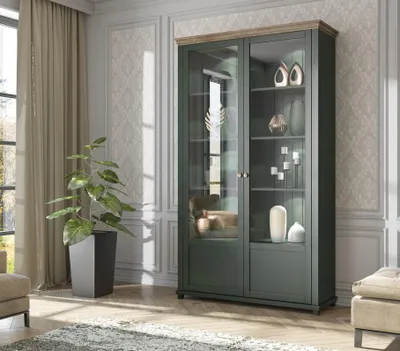 Produktbild von Dunkelgrüne Vitrine EVORA 2-türig mit Glaseinsatz Landhausstil 200x126x42 cm