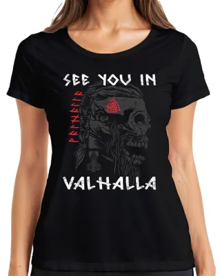 Zdjęcie produktu dla Do zobaczenia w Valhalli Koszulka damska Viking Skull Runes Mjölnir Nordic, czarny, L