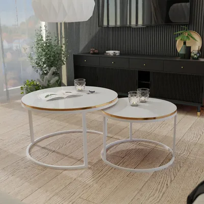 Produktbild von Idohome - Runder Couchtisch 2in1 LAVO mit Metalgestell, 70x48 cm+50x42 cm (Ø x H) Farbe: Weiß / Weiß Hochglanz + Gold