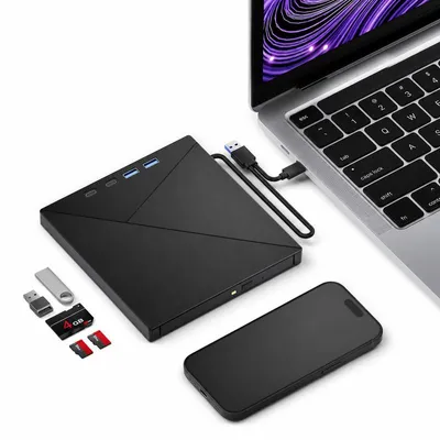 Produktbild von DVD Laufwerk 7-in-1 extern USB Hub – SD/TF Reader, 5Gbps, 24x/8x | Für Laptop, PC, Mac, Linux