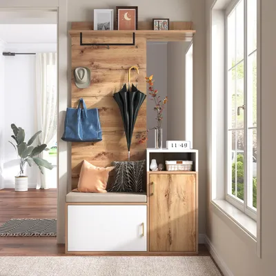 Produktbild von Merax Garderoben-Set mit Spiegel, Schuhschrank mit Sitzbank, Wandgarderobe mit Kleiderhaken, Flurmöbel Flurgarderobe mit Stauraum, Weiß + Holz