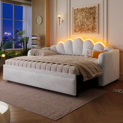 Zdjęcie produktu dla Łóżko dzienne 90x200 cm z wysuwanym łóżkiem, 7-kolorowym oświetleniem LED i tapicerowanym oparciem, łóżko tapicerowane z aksamitu, szare
