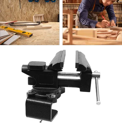 A collage of images showing woodworking tools and a workbench, with a close-up of a vise.