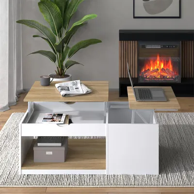 A modern living room with a coffee table in front of a fireplace.