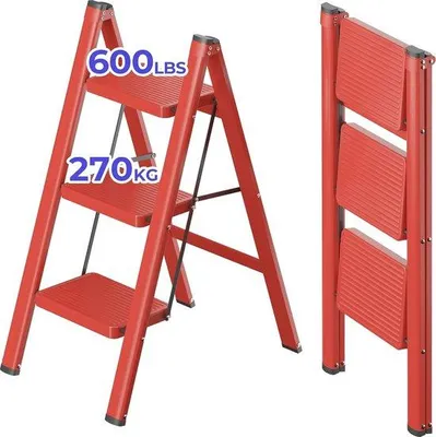 Immagine prodotto di Scala a tre gradini, gradini, tappetini antiscivolo, gradino antiscivolo largo, portata fino a 150 kg, in acciaio, per uso domestico e in ufficio, rosso