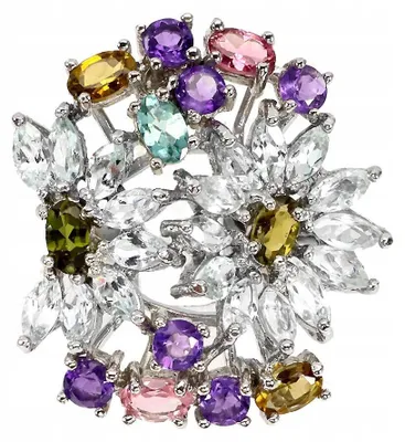 Produktbild von 925er Ring mit Turmalin und Aquamarin in Blumenform, Ringgröße 15,5
