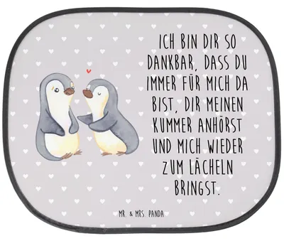 Produktbild von Mr. & Mrs. Panda Auto Sonnenschutz Pinguine trösten - Grau Pastell - Geschenk, für Frauen, Freundin, saugnapf, Valentinstag, Partner, Jahrestag, Hochzeitstag, fenster