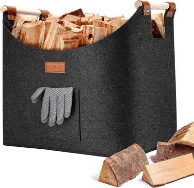 Obrázek produktu pro Uniqoos® Koš na dřevo – skládací taška z extra silné recyklované polyesterové filce, 2 odnímatelné dřevěné rukojeti, rozměry 45 × 32 × 40 cm (objem 60 litrů), šedá barva