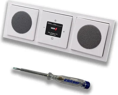 Produktbild von Busch Jäger DAB+ (DAB PLUS) Unterputz Radio 8215U-101 Future Linear Studioweiß, Set mit 2 x Lautsprecher, Abdeckungen, Rahmen + EBROM Phasenprüfer zur Montage d. Geräte - 8215 U – 101