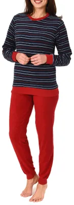 Produktbild von Eleganter Damen Frottee Pyjama langarm mit Bündchen in Streifenoptik - 291 201 13 568 ; rot , 36/38
