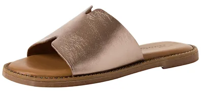 A single rose gold slide sandal is shown from a slightly elevated side angle against a white background.