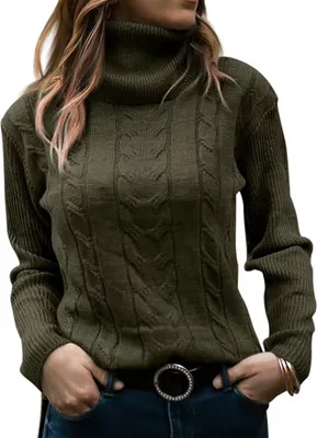 Produktbild von ASKSA Damen Elegant Rollkragen Pullover Casual Strickpullover Jumper Langarm Pulli Sweatshirt Oberteile, Armeegruen, XL
