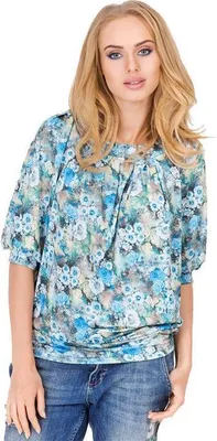 Produktbild von Damen Longshirt Bluse Tunika Muster Blumen, S/M Blautöne