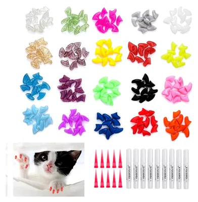 Produktbild von 200 Stück Krallenschutz für Katzen und Hunde, Bunte weiche Nagelkappen für Kätzchen mit Kleber und Applikatoren