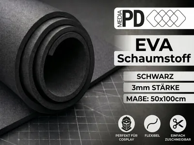 Obrázok produktu pre PD Media EVA pena, čierna, 3 mm – 50 x 100 cm, vysoká hustota (80 kg/m³), penová guma na cosplay a ručné práce
