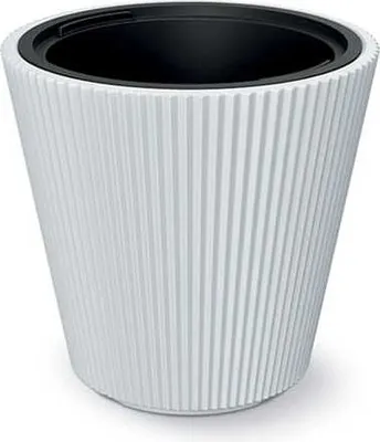 A white planter with a black insert is shown against a white background.