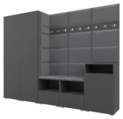 Produktbild von Garderobe NELA VIII 250 cm Modulare Flurmöbel Graphit mit Sitzpolster Dunkelgrau 15 (2 Schränke + Sideboard)