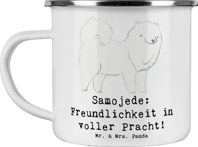 Produktbild von Mr. & Mrs. Panda Emaille Tasse Samojede Freundlichkeit - Weiß - Geschenk, Hunderassen, Becher, körperliche Auslastung, geistige, Hunderasse, liebevoll, Beschreibung