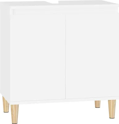 A white bathroom cabinet with two doors and wooden legs, shown against a white background.