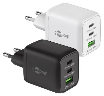 Immagine prodotto di Goobay 64754 Caricabatterie rapido multiporta USB-C™ PD GaN Nano (65 W) bianco, bianco - 2 porte USB-C™ (Power Delivery) e 1 porta USB-A (Quick Charge 3.0)