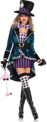A woman wearing a Mad Hatter-inspired costume.