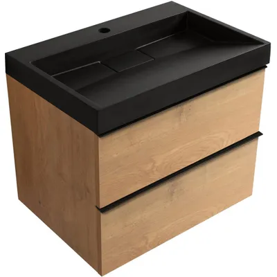 Productafbeelding van Badkamermeubel Velora - notenhoutkleur, zwarte handgreep + wastafel van gietmarmer met afvoerputje Vita - mat zwart - 70x63x46,5 cm