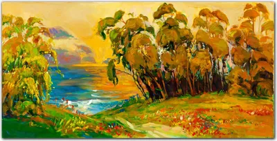 Produktbild von Coloray Bild aus Leinwand 120x60 Leinwand Dekoration - Wasser Wiese Wald Sonnenuntergang