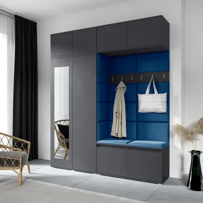 Produktbild von Garderoben-Set NIKOLA Kleiderschrank mit Polsterplatten, Schuhschrank und Schrankaufsatz 90cm Ideal für Flur und Eingangsbereich (Graphit, Trinity 31)