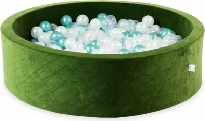 Produktbild von Bällebad 110x30 Samtig weich Olive – Mit 400 Bällen / transparent, perlmutt, metallic türkis