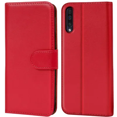 A red flip case for a smartphone is shown from the front and back.