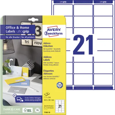 Produktbild von Avery Zweckform 7160-10 Adress-Etiketten, Home Office, Kleinpackung, A4 mit ultragrip, 63,5 x 38,1 mm, 10 Bogen/210 Etiketten, weiß