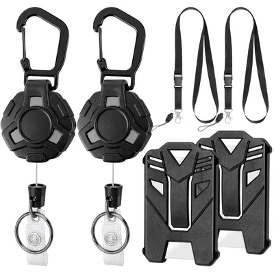 Produktbild von Ausziehbares Schlüsselanhänger-Set, 2-teilig. Ausziehbarer Schlüsselanhänger mit 2 Lanyards und 2 Ausweltern. Verlängerbar mit einem 80 cm langen Stahlkabel für Ausweise und Zugangskarten.