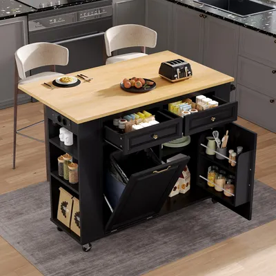 Image de MODFU Îlot de Cuisine Multifonction avec Table Extensible, Poubelle et Prise Électrique, Meuble Mobile MDF, Noir et Naturel, 120x40–70x92 cm