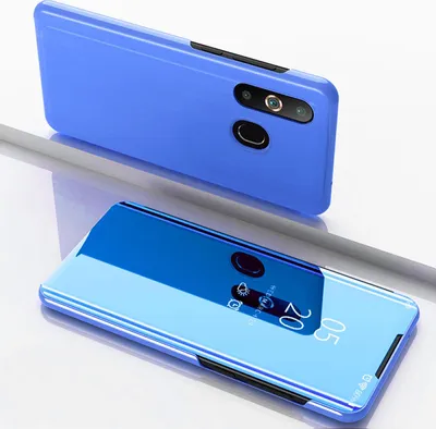 A blue smartphone case with a clear view flip cover is shown from two angles, one showing the back and the other showing the front with the screen displaying the time and date.