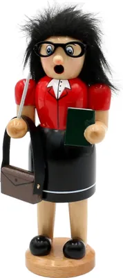 Räuchermännchen Lehrerin trägt eine rote Jacke, einen schwarzen Rock, eine braune Tasche und Brille.