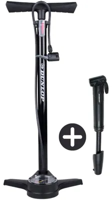 Produktbild von Dunlop Fahrradpumpe mit Manometer und Mini Fahrradpumpe Set - Standpumpe 180 PSI mit Adapter - Kompakte Handpumpe für Unterwegs - Für Presta Dunlop Schrader - Schwarz