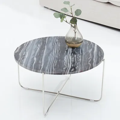 Produktbild von cagü: Design Couchtisch [FLORENTIN] Grau aus Marmor mit Silber Gestell 62cm Ø Rund